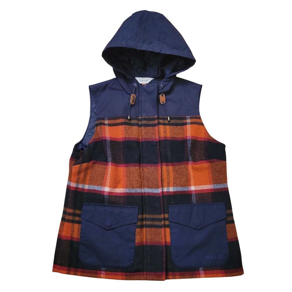 Orvis Field Plaid Wool Hooded Vest Orange Blue PrimaLoft M Winter Layering Cabin